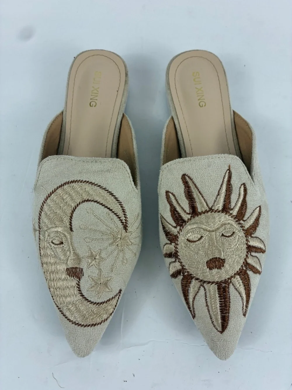 Sun Moon Embroidered Mules Suede Pointed Toe Slip On Flat Shoes Loafers Beige